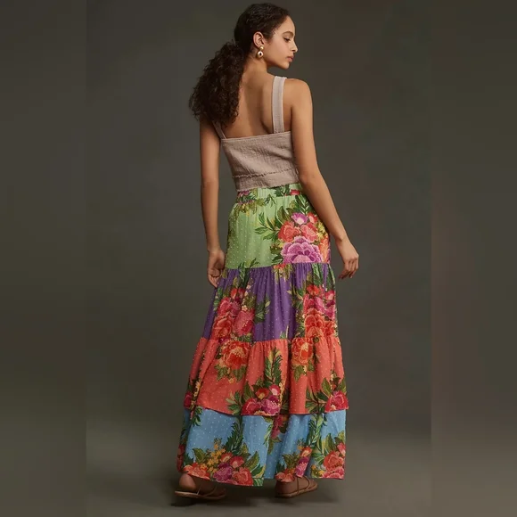Farm Rio for Anthropologie Tiered Floral Maxi Skirt Colorblock - Picture 2 of 5